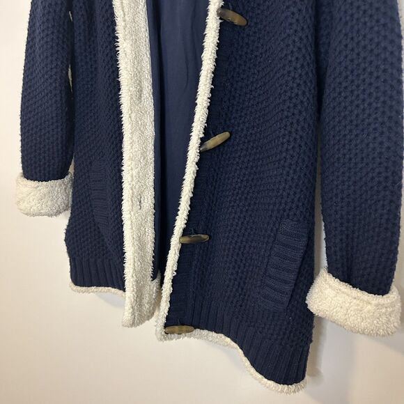 LL Bean Knit Cardigan Shearling Sherpa Lined Navy Blue Hooded Long - Large - Picture 3 of 16